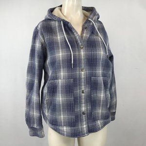 THE NORTH FACE ~ WOMENS SMALL ~ BLUE PLAID SHERPA LINED HOODED FLANNEL